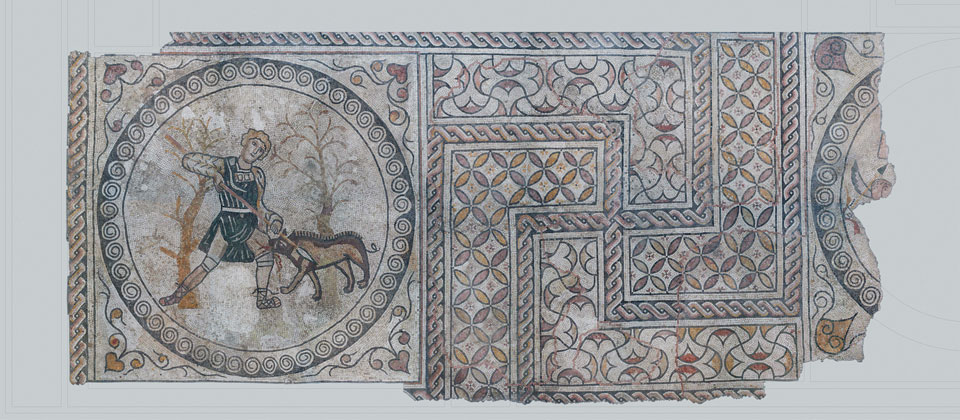 Mosaico pavimentale policromo con scena di caccia da piazza Biade (Archivio Museo Naturalistico Archeologico di Vicenza)